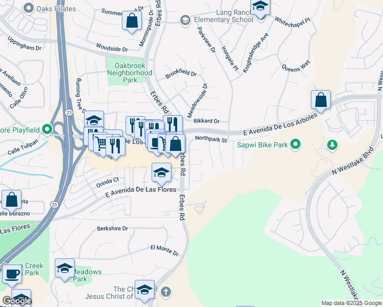 map of restaurants, bars, coffee shops, grocery stores, and more near 2244 Hollowpark Court in Thousand Oaks
