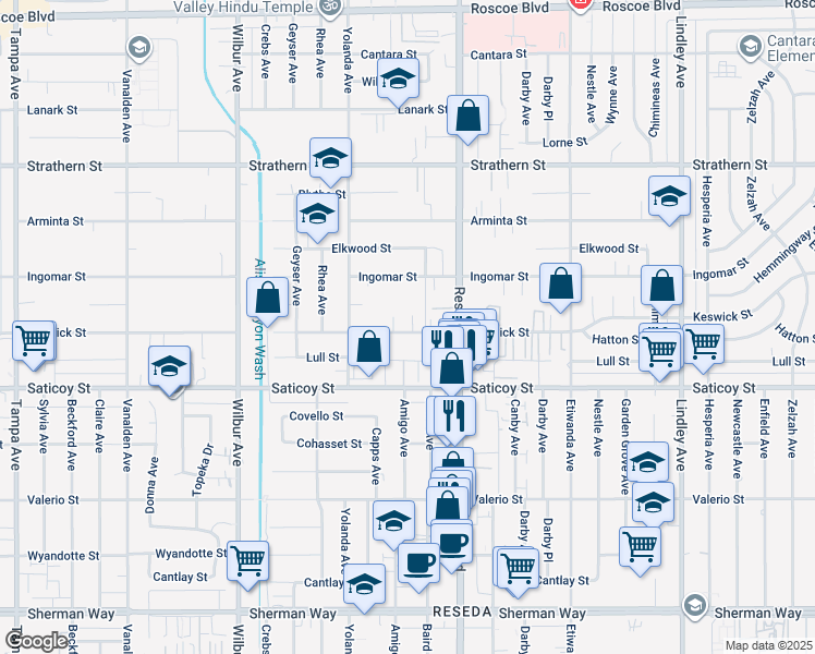 map of restaurants, bars, coffee shops, grocery stores, and more near 7703 Baird Avenue in Los Angeles