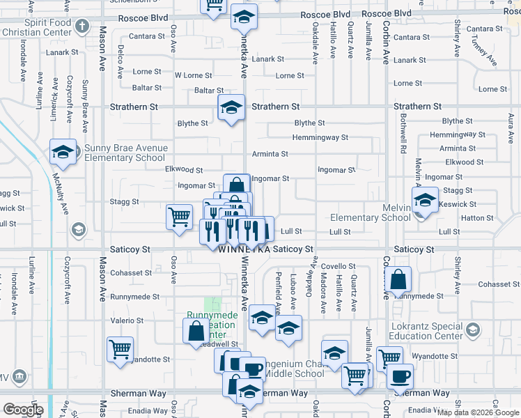 map of restaurants, bars, coffee shops, grocery stores, and more near in Los Angeles