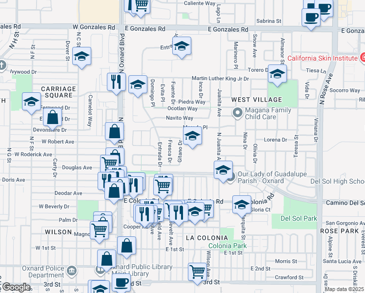 map of restaurants, bars, coffee shops, grocery stores, and more near 812 Gitano Drive in Oxnard