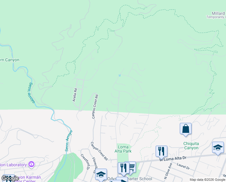 map of restaurants, bars, coffee shops, grocery stores, and more near 816 Millard Canyon Road in Altadena