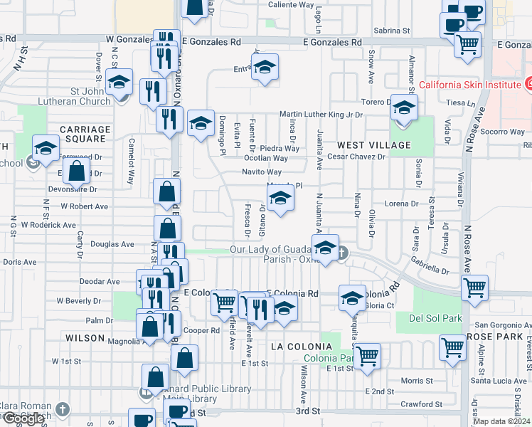 map of restaurants, bars, coffee shops, grocery stores, and more near 812 Gitano Drive in Oxnard