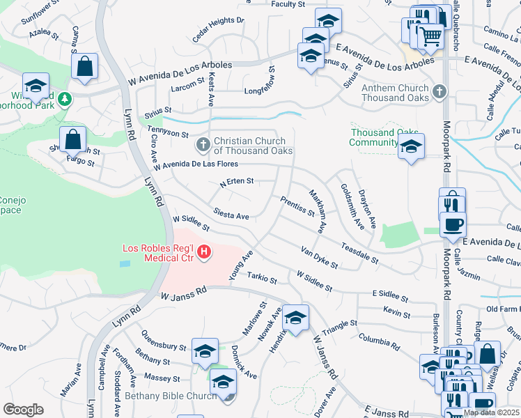map of restaurants, bars, coffee shops, grocery stores, and more near 167 Siesta Avenue in Thousand Oaks