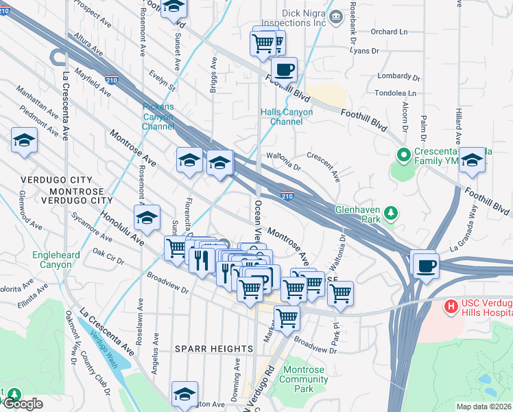 map of restaurants, bars, coffee shops, grocery stores, and more near 4127 Ocean View Boulevard in La Crescenta-Montrose