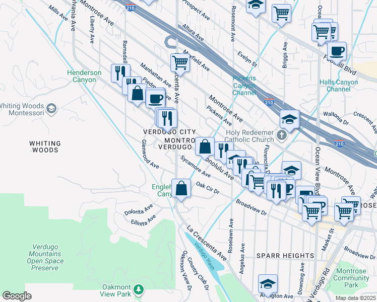 map of restaurants, bars, coffee shops, grocery stores, and more near 2716 Honolulu Avenue in Glendale