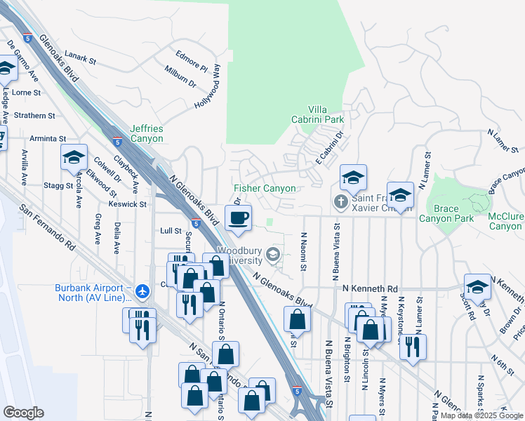 map of restaurants, bars, coffee shops, grocery stores, and more near 7727 Vía Sorrento in Burbank