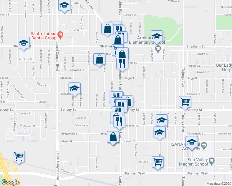 map of restaurants, bars, coffee shops, grocery stores, and more near 7705 Simpson Avenue in Los Angeles