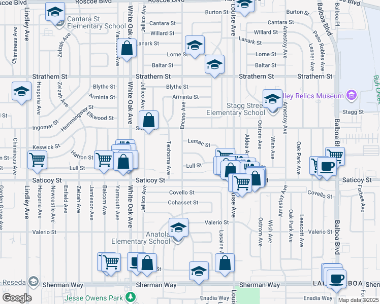 map of restaurants, bars, coffee shops, grocery stores, and more near 17443 Keswick Street in Los Angeles