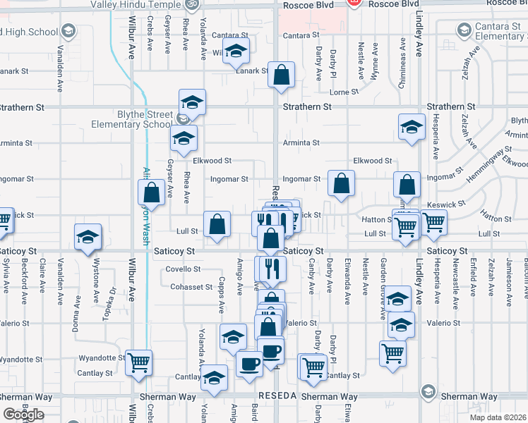map of restaurants, bars, coffee shops, grocery stores, and more near 7710 Baird Avenue in Los Angeles