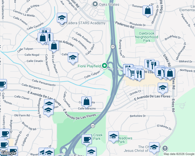 map of restaurants, bars, coffee shops, grocery stores, and more near 1452 Calle Tulipan in Thousand Oaks