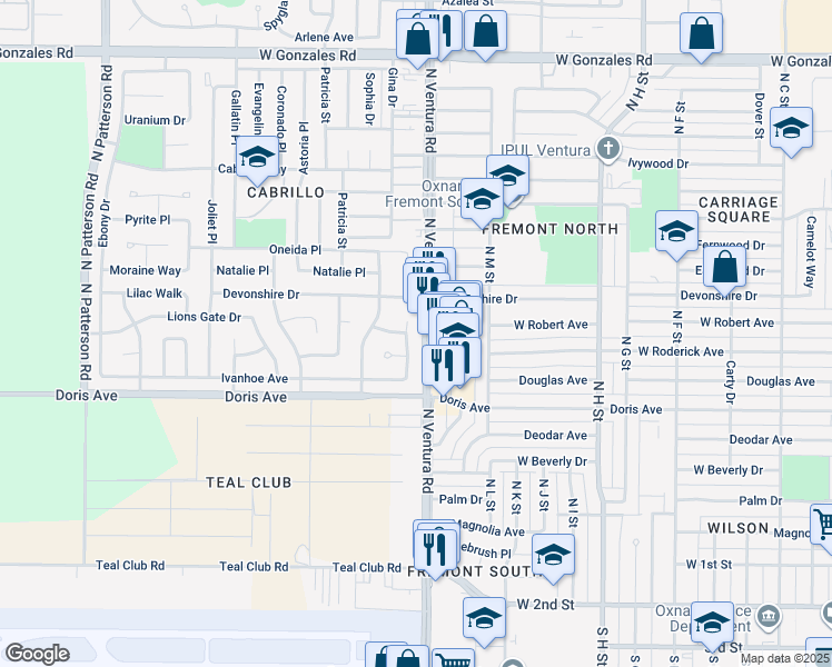 map of restaurants, bars, coffee shops, grocery stores, and more near 840 North Ventura Road in Oxnard