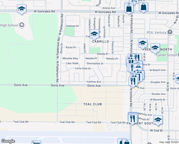 map of restaurants, bars, coffee shops, grocery stores, and more near 730 Waverly Court in Oxnard