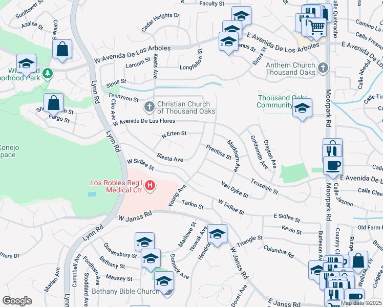 map of restaurants, bars, coffee shops, grocery stores, and more near 167 Siesta Avenue in Thousand Oaks