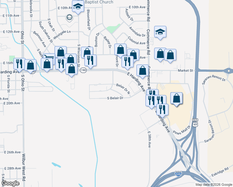 map of restaurants, bars, coffee shops, grocery stores, and more near 2600 Auburn Drive in Pine Bluff