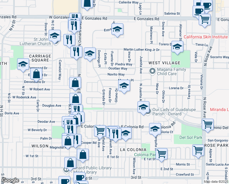 map of restaurants, bars, coffee shops, grocery stores, and more near 811 Gitano Drive in Oxnard