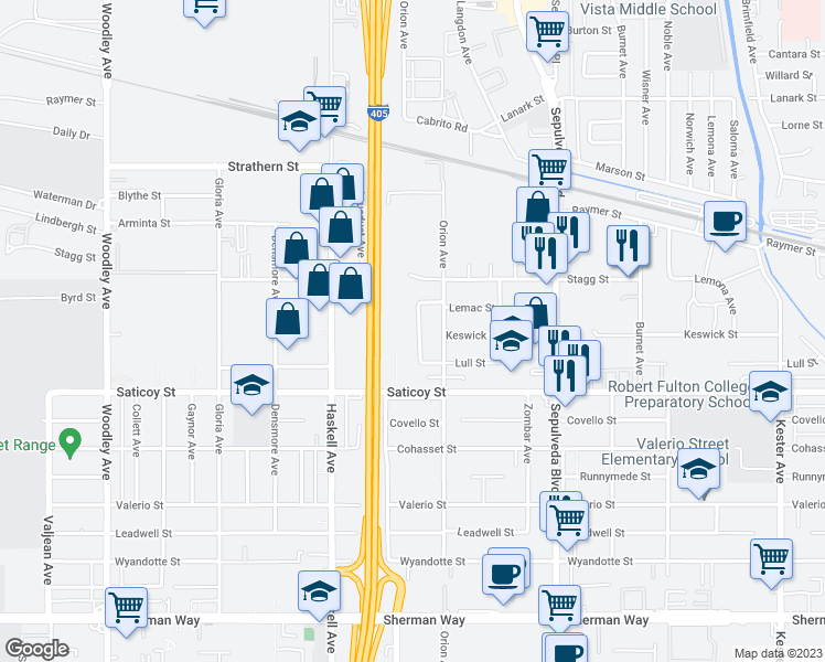 map of restaurants, bars, coffee shops, grocery stores, and more near 7667 Chisholm Avenue in Los Angeles