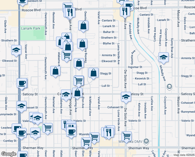 map of restaurants, bars, coffee shops, grocery stores, and more near 7741 Variel Avenue in Los Angeles