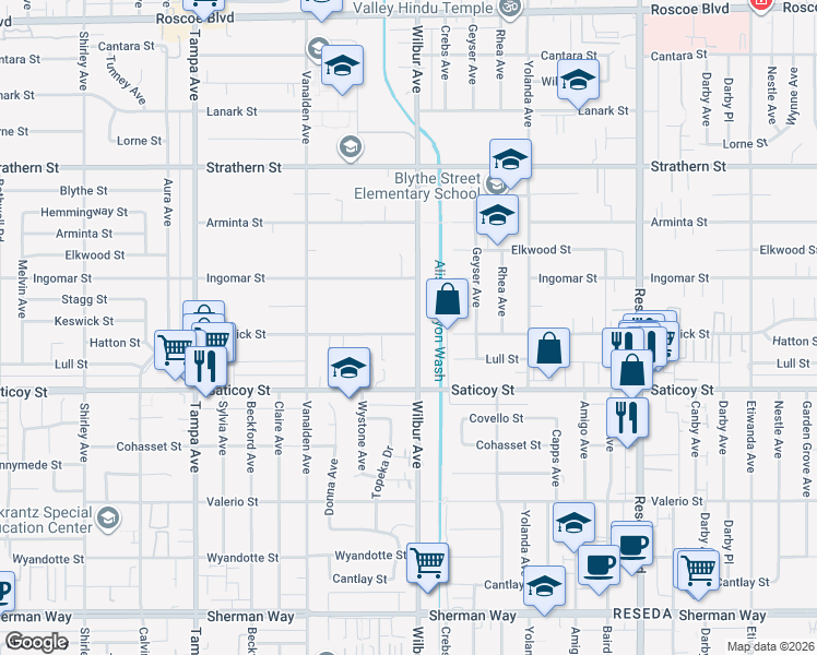 map of restaurants, bars, coffee shops, grocery stores, and more near 18901 Keswick Street in Los Angeles