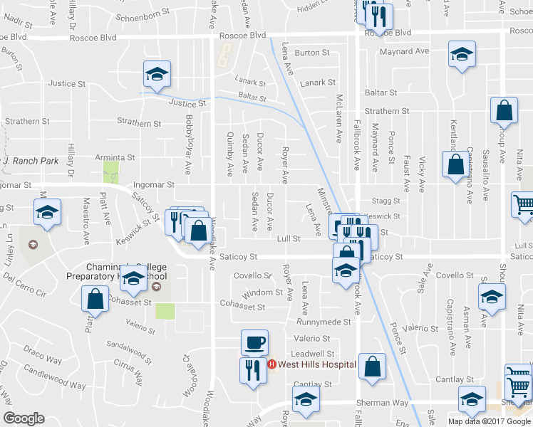 map of restaurants, bars, coffee shops, grocery stores, and more near 7707 Ducor Avenue in Los Angeles