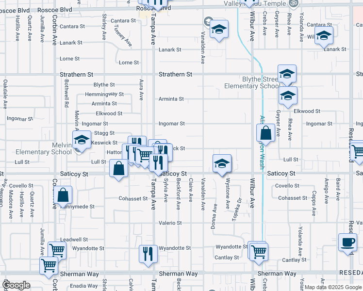 map of restaurants, bars, coffee shops, grocery stores, and more near 19153 Keswick Street in Los Angeles