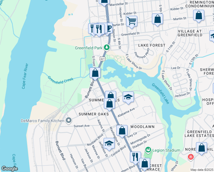 map of restaurants, bars, coffee shops, grocery stores, and more near 1818 East Lake Shore Drive in Wilmington