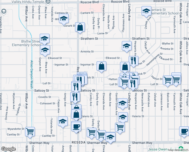 map of restaurants, bars, coffee shops, grocery stores, and more near 18325 Keswick Street in Los Angeles