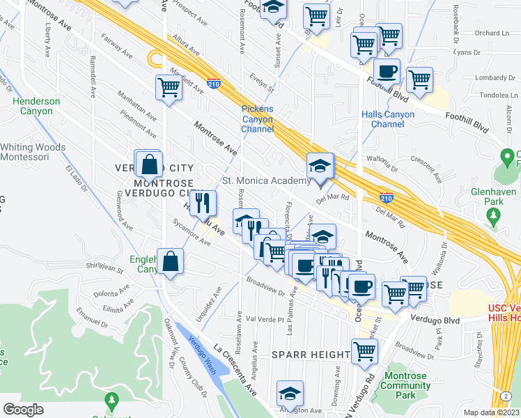 map of restaurants, bars, coffee shops, grocery stores, and more near 2527 Piedmont Avenue in La Crescenta-Montrose
