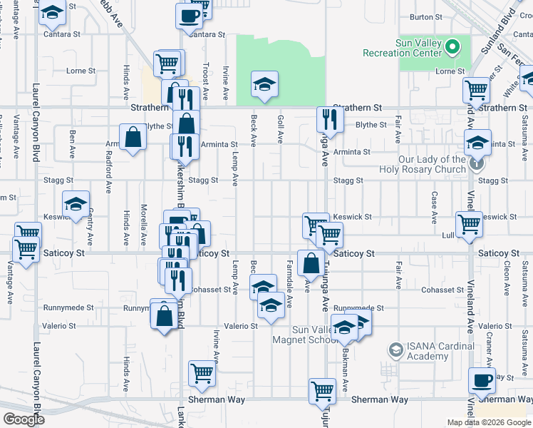 map of restaurants, bars, coffee shops, grocery stores, and more near 7701 Camellia Avenue in Los Angeles