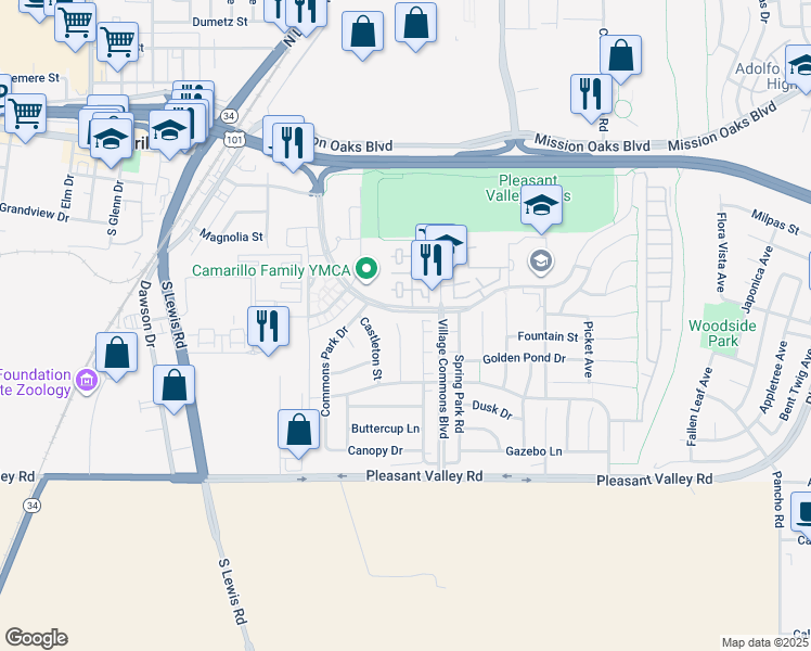 map of restaurants, bars, coffee shops, grocery stores, and more near 324 Twilight Court in Camarillo