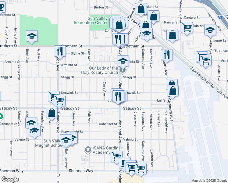 map of restaurants, bars, coffee shops, grocery stores, and more near 7700 Ensign Avenue in Los Angeles