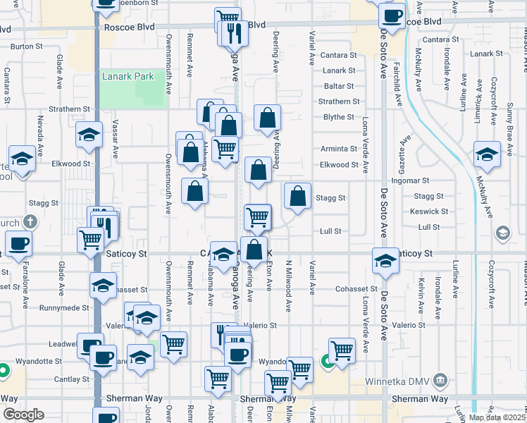 map of restaurants, bars, coffee shops, grocery stores, and more near 7717 Eton Ave in Los Angeles