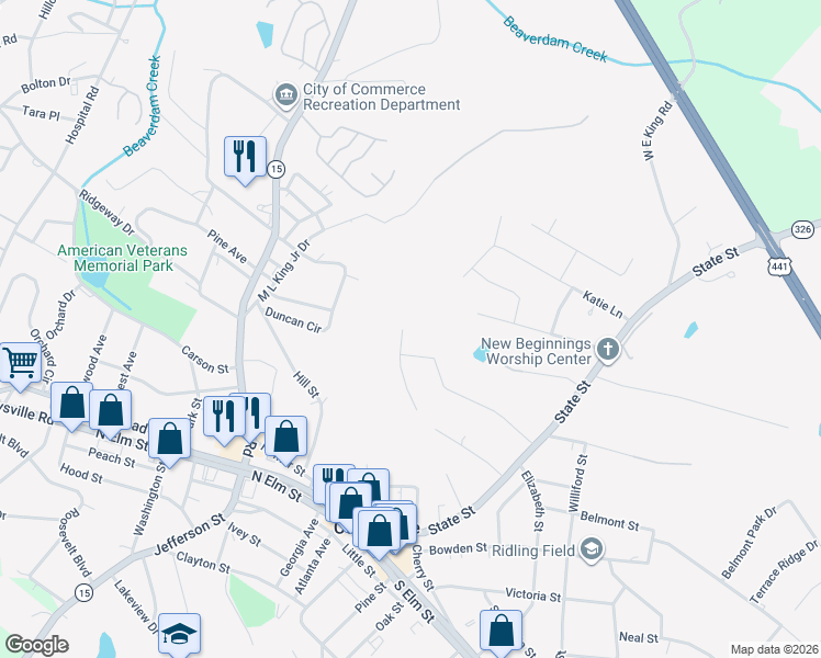 map of restaurants, bars, coffee shops, grocery stores, and more near 58 Brandi Street in Commerce