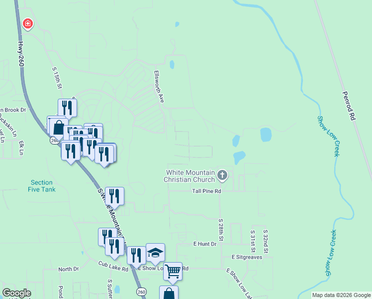 map of restaurants, bars, coffee shops, grocery stores, and more near 2553 Jicarilla Drive in Show Low