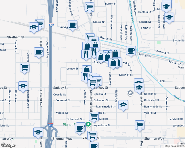 map of restaurants, bars, coffee shops, grocery stores, and more near 7708 Sepulveda Boulevard in Los Angeles