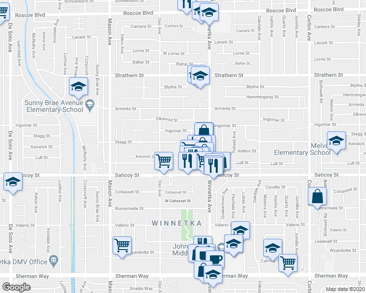 map of restaurants, bars, coffee shops, grocery stores, and more near 20204 Stagg Street in Los Angeles