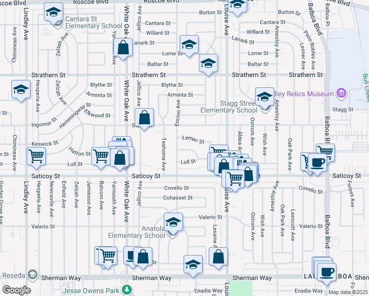 map of restaurants, bars, coffee shops, grocery stores, and more near 17443 Keswick Street in Los Angeles
