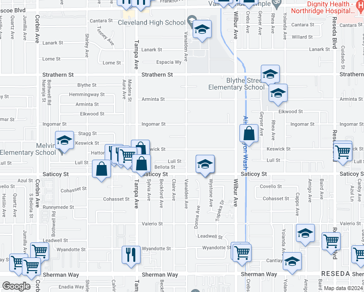 map of restaurants, bars, coffee shops, grocery stores, and more near 19109 Keswick Street in Los Angeles