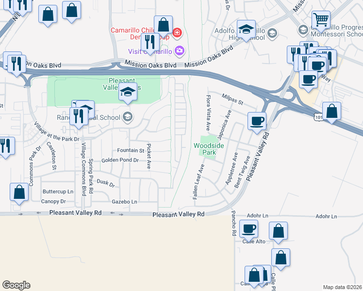 map of restaurants, bars, coffee shops, grocery stores, and more near 142 Via Rosal in Camarillo