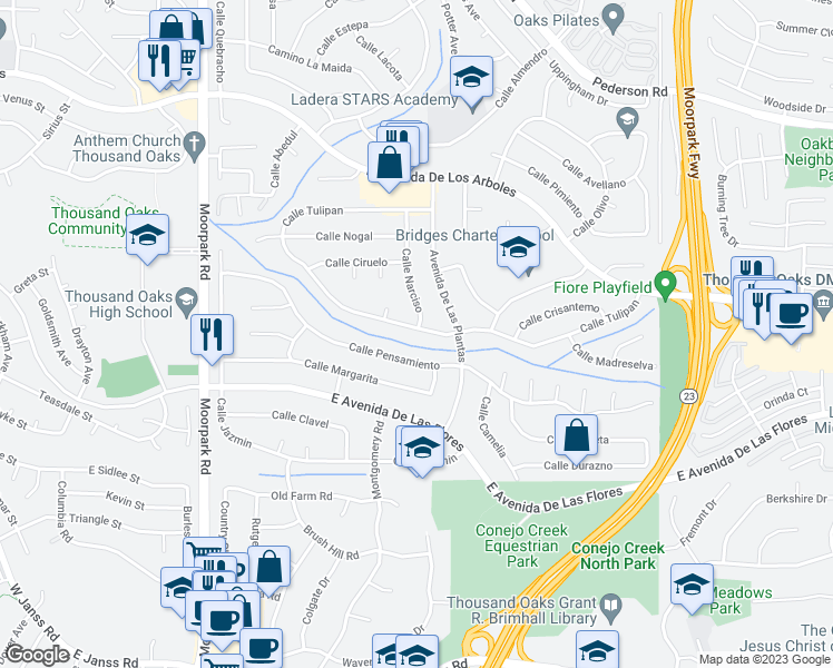 map of restaurants, bars, coffee shops, grocery stores, and more near 1100 Calle Tulipan in Thousand Oaks