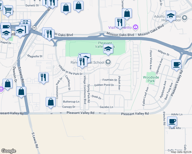 map of restaurants, bars, coffee shops, grocery stores, and more near 328 Sycamore Cottage Ct in Camarillo