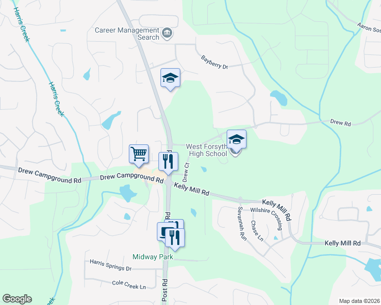 map of restaurants, bars, coffee shops, grocery stores, and more near 4315 Drew Court in Cumming
