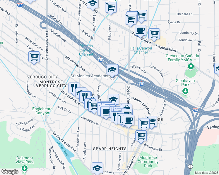 map of restaurants, bars, coffee shops, grocery stores, and more near Montrose Avenue & Orangedale Avenue in La Crescenta-Montrose