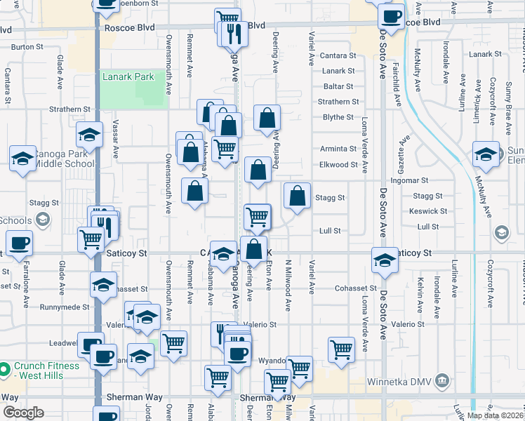 map of restaurants, bars, coffee shops, grocery stores, and more near 7717 Eton Avenue in Los Angeles