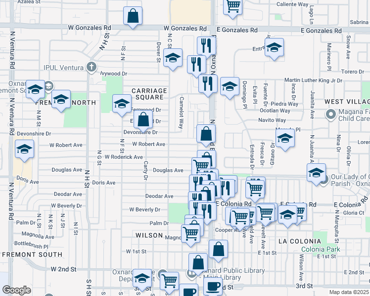 map of restaurants, bars, coffee shops, grocery stores, and more near 248 West Robert Avenue in Oxnard