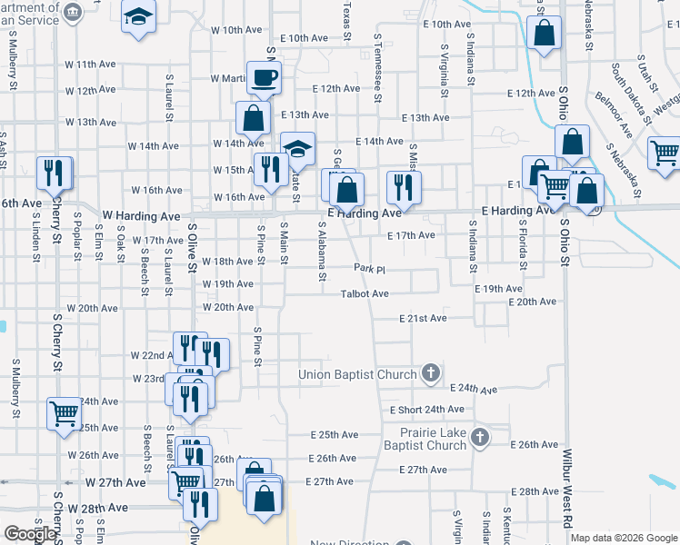 map of restaurants, bars, coffee shops, grocery stores, and more near 222 Park Place in Pine Bluff