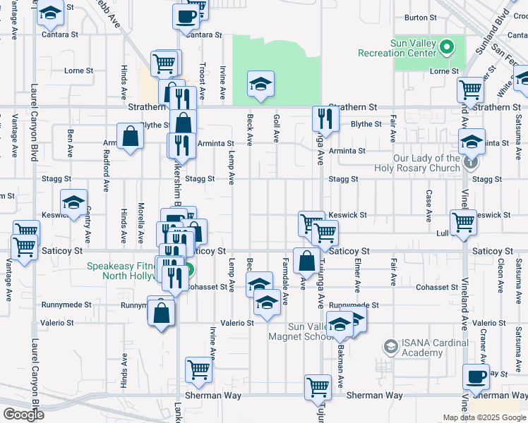 map of restaurants, bars, coffee shops, grocery stores, and more near 7701 Camellia Avenue in Los Angeles