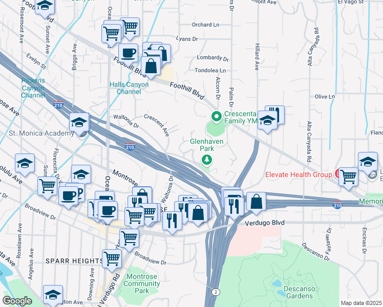 map of restaurants, bars, coffee shops, grocery stores, and more near 4339 Purtell Drive in La Cañada Flintridge
