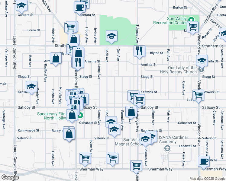 map of restaurants, bars, coffee shops, grocery stores, and more near 7701 Camellia Avenue in Los Angeles