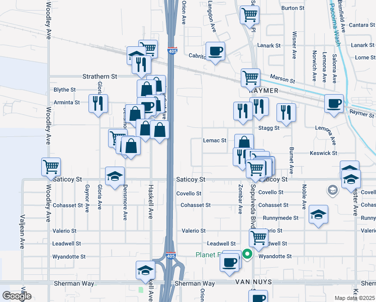 map of restaurants, bars, coffee shops, grocery stores, and more near 7667 Chisholm Avenue in Los Angeles
