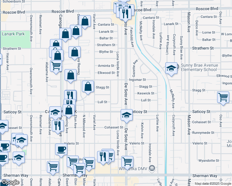 map of restaurants, bars, coffee shops, grocery stores, and more near 7713 Loma Verde Avenue in Los Angeles